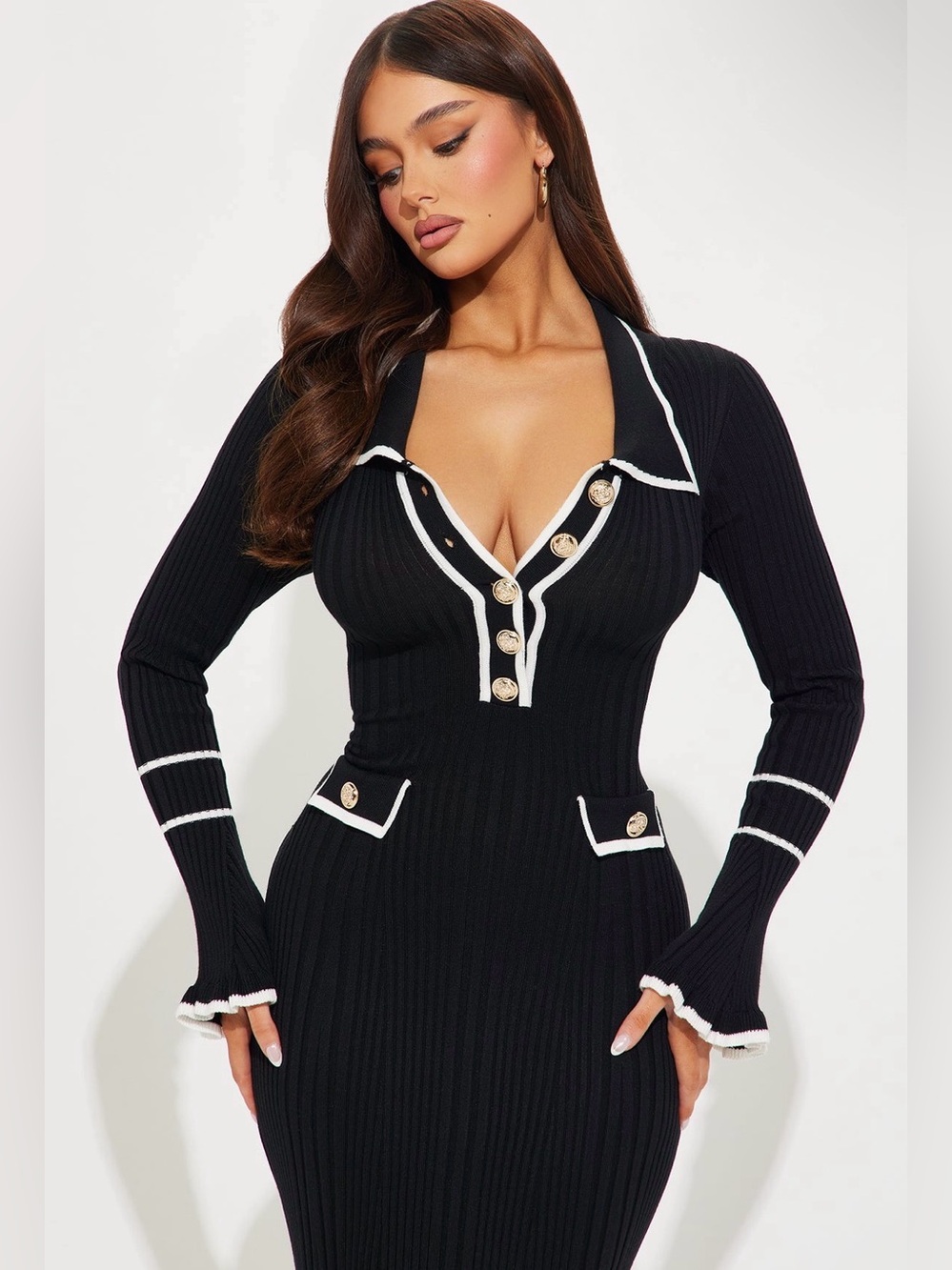 Black Long Sleeve Ribbed Maxi Dress with Contrast Trim and gold buttons - Picture 2 of 6